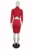 Red Sexy Solid Fold Long Sleeve Two Pieces