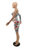 White Fashion Sexy Print Backless Strap Design Oblique Collar Long Sleeve Two Pieces