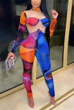 Multicolor Fashion Casual Patchwork Print See-through Turtleneck Skinny Jumpsuits