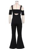 Black Sexy Fashion Solid crop top Bandage Slim fit asymmetrical HOLLOWED OUT Straight Two-piece