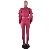 Pink Elastic Fly Long Sleeve High Solid pencil Pants