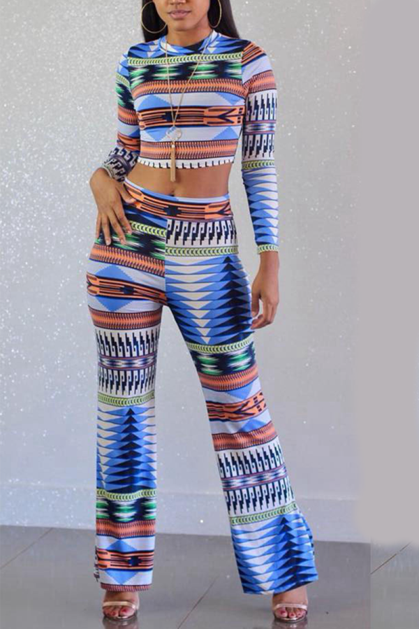 Blue Sexy Geometric Split Joint O Neck Long Sleeve Two Pieces