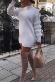 White Casual Solid Split Joint O Neck Wrapped Skirt Dresses