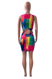 Pink Sexy Print Hollowed Out U Neck Pencil Skirt Dresses