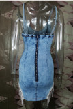 Deep Blue Fashion Sexy Solid Tassel Split Joint V Neck Sling Dress