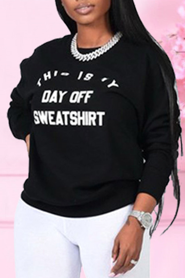 Black Fashion Casual Letter Print Basic O Neck Tops