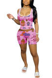Pink Milk Silk Fashion Casual adult Ma'am Print Two Piece Suits pencil Sleeveless Two Pieces