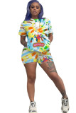 White Fashion adult Ma'am Street Patchwork Print Tie Dye Two Piece Suits pencil Short Sleeve Two Pieces
