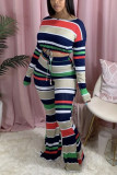Orange Street Striped Patchwork O Neck Long Sleeve Two Pieces
