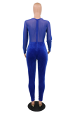Blue Sexy Patchwork Mesh O Neck Skinny Jumpsuits