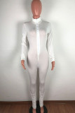 White Fashion Casual Solid zipper Polyester Long Sleeve O Neck Jumpsuits