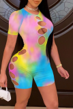 Pink Sexy Patchwork Hollowed Out Tie-dye O Neck Skinny Rompers