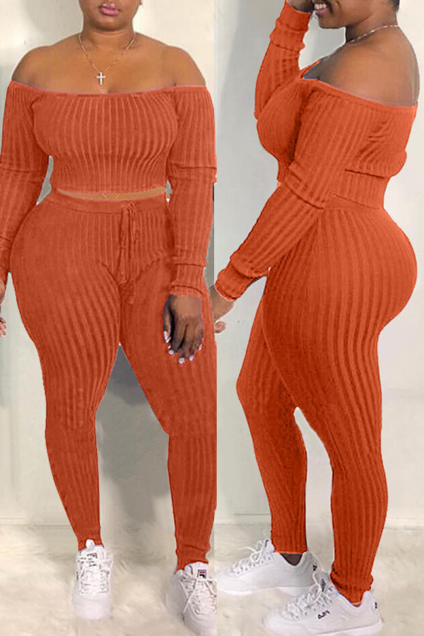 Orange Fashion Casual Solid Backless Off the Shoulder Long Sleeve Two Pieces