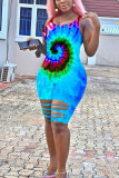 Blue Fashion Sexy Print Tie-dyed Burn-out Sleeveless O Neck Jumpsuits