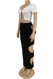 Yellow Fashion Sexy Solid Hollowed Out Asymmetrical V Neck Short Sleeve Two Pieces
