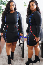 Black knitting adult Celebrities Fashion Ma'am O Neck Patchwork Solid contrast color Stitching Plus Size