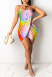 Yellow Sexy Print Tie Dye Backless Asymmetrical Strapless Sleeveless Dress