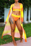 Yellow Fashion Sexy Print Cardigan Swimwears Three-piece Set