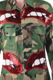 Camouflage Street Camouflage Print Split Joint Conventional Collar Three Quarter Denim Coats