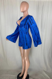 Blue Fashion Casual Print Basic V Neck Regular Long Sleeve Romper