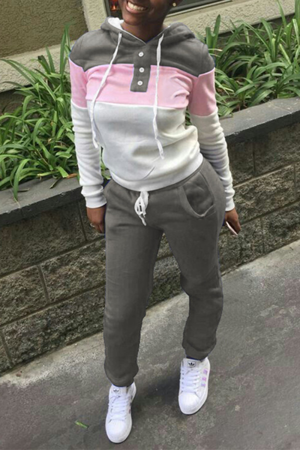 Grey Fashion Casual Patchwork Basic Hooded Collar Long Sleeve Two Pieces