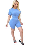 Light Blue Polyester Fashion Casual adult Patchwork Solid asymmetrical Two Piece Suits Straight Short Sleeve Two Pieces