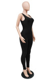 Black Fashion Casual Solid Fold U Neck Skinny Jumpsuits