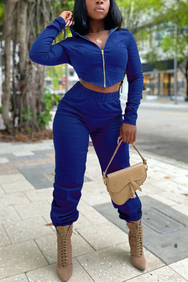 Royal blue Fashion Casual Blends Patchwork Solid Patchwork Cardigan Pants Hooded Collar Long Sleeve Regular Sleeve Short Two Pieces