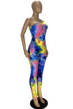 Yellow Sexy Casual Tie Dye Printing One Shoulder Skinny Jumpsuits