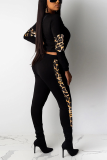 Black Casual Leopard Patchwork O Neck Long Sleeve Two Pieces
