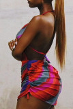 Multi-color Sexy Print Backless Fold Asymmetrical Spaghetti Strap Mini Dress Dresses