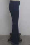 Blue Denim Zipper Fly Button Fly Mid washing Pocket Zippered Solid Boot Cut Pants Pants