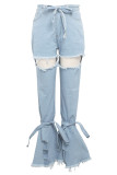 Dark Blue Denim Button Fly Sleeveless High Patchwork washing Hole Solid bandage Boot Cut Pants