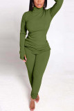 Army Green Casual Solid Split Joint Slit O Neck Long Sleeve Two Pieces