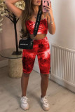 Red Fashion Casual Print Tie Dye Backless Spaghetti Strap Sleeveless Two Pieces