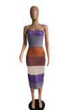 Purple Sexy Striped Split Joint Off the Shoulder Pencil Skirt Dresses