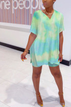 Green Polyester Fashion Sexy adult Ma'am Print Tie Dye Two Piece Suits pencil Short Sleeve Two Pieces