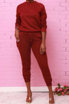 Red Fashion Daily Adult Polyester Solid Draw String O Neck Long Sleeve Regular Sleeve Regular Two Pieces