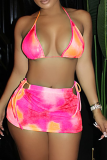 Pink Sexy Print Frenulum Halter Sleeveless Two Pieces