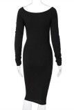 Black Fashion Sexy Solid Hollowed Out Fold O Neck Long Sleeve Dresses