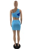 Blue Fashion Sexy Print Patchwork One Shoulder Sleeveless Two Pieces