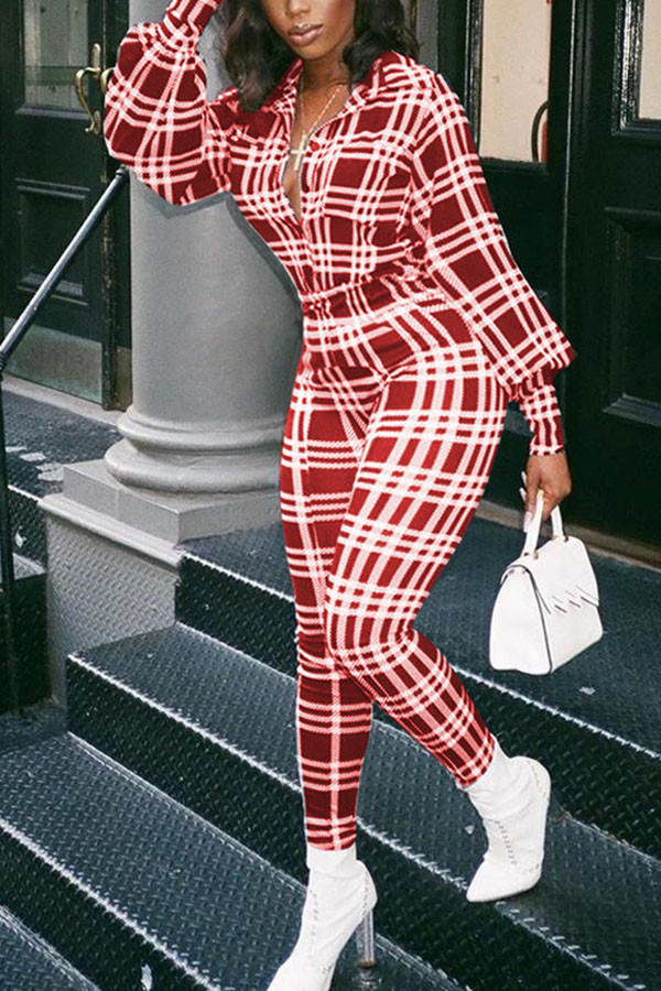 Red Fashion Casual Adult Polyester Plaid Turndown Collar Skinny Jumpsuits