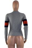 Grey O Neck Long Sleeve Striped Patchwork Long Sleeve Tops