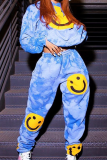 Blue Casual Patchwork Tie-dye Long Sleeve Two Pieces