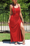 Grey Casual Red Black Grey Spaghetti Strap Sleeveless V Neck Step Skirt Ankle-Length Print Solid Dresses