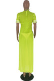 Fluorescent green Polyester Sexy Fashion Cap Sleeve Short Sleeves O neck Straight Ankle-Length perspective Print split