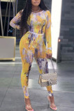 Colour Casual Print Hollowed Out Patchwork Tie-dye O Neck Long Sleeve Two Pieces