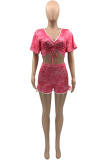 Pink Fashion Casual Solid Strap Design V Neck Short Sleeve Two Pieces