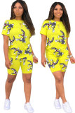Yellow Polyester Fashion Active adult Patchwork Print Character Two Piece Suits Straight Short Sleeve Two Pieces