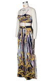 Yellow Sexy Print Hollowed Out Sleeveless Two Pieces